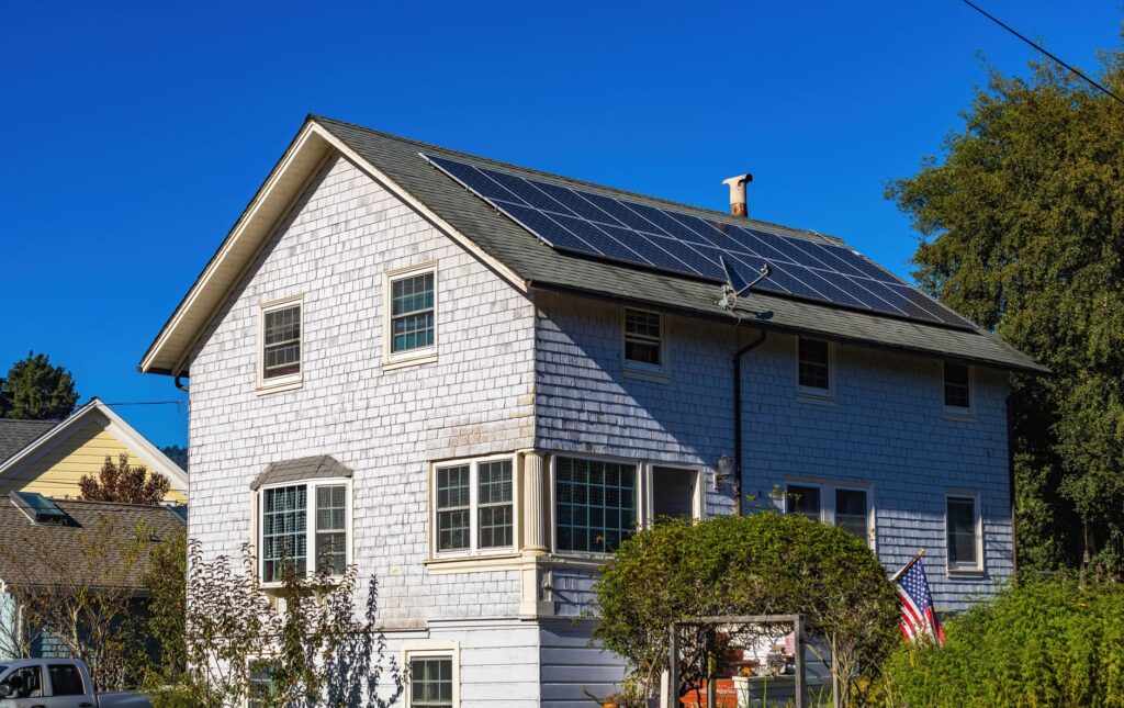 A shingled roof on an American home